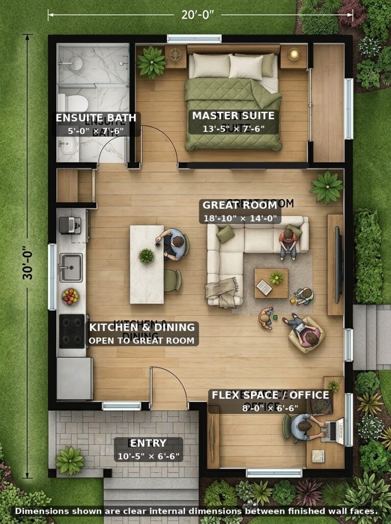 20x30 600 square foot floor plan with one bedroom, open kitchen, great room and home office