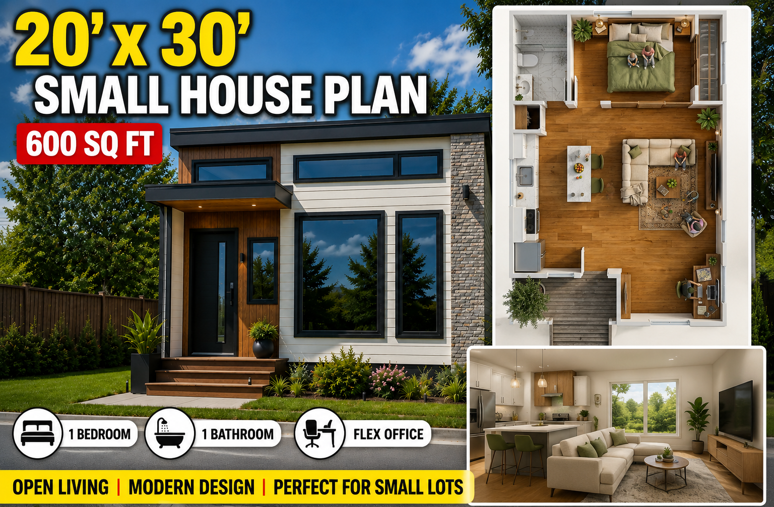 20×30 Small Home Plan with 1 Bedroom, Office and Open Living Area