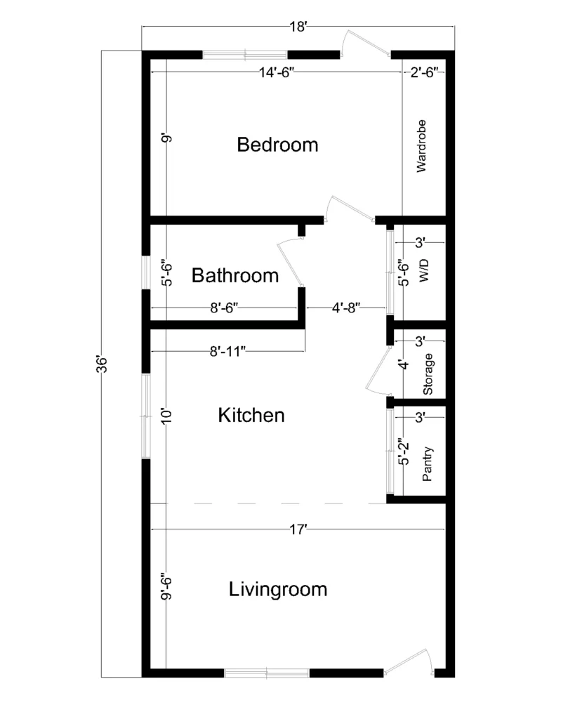 2D Floor Plan 2D floor plan with dimensions for an 18 by 36 foot one-bedroom house layout