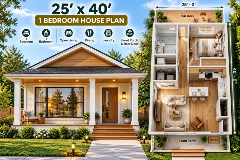 25' x 40' 1-bedroom house plan feature image with front elevation and detailed floor plan