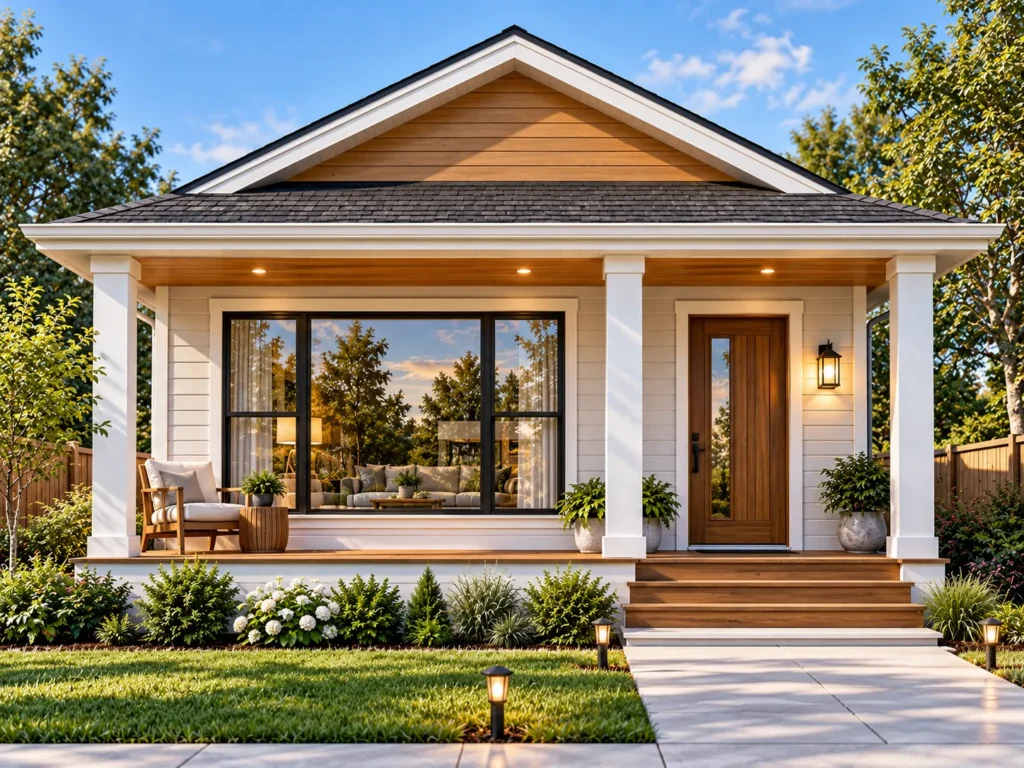 25' x 40' single-story house plan front elevation with covered porch and reflective front windows