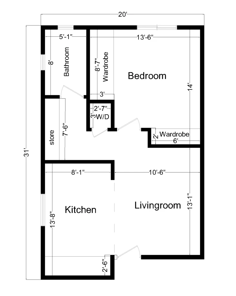 2D 620 sq.ft. floor plan for a 1-bedroom small house showing bedroom, living room, kitchen, bathroom, wardrobes, and laundry area.webp