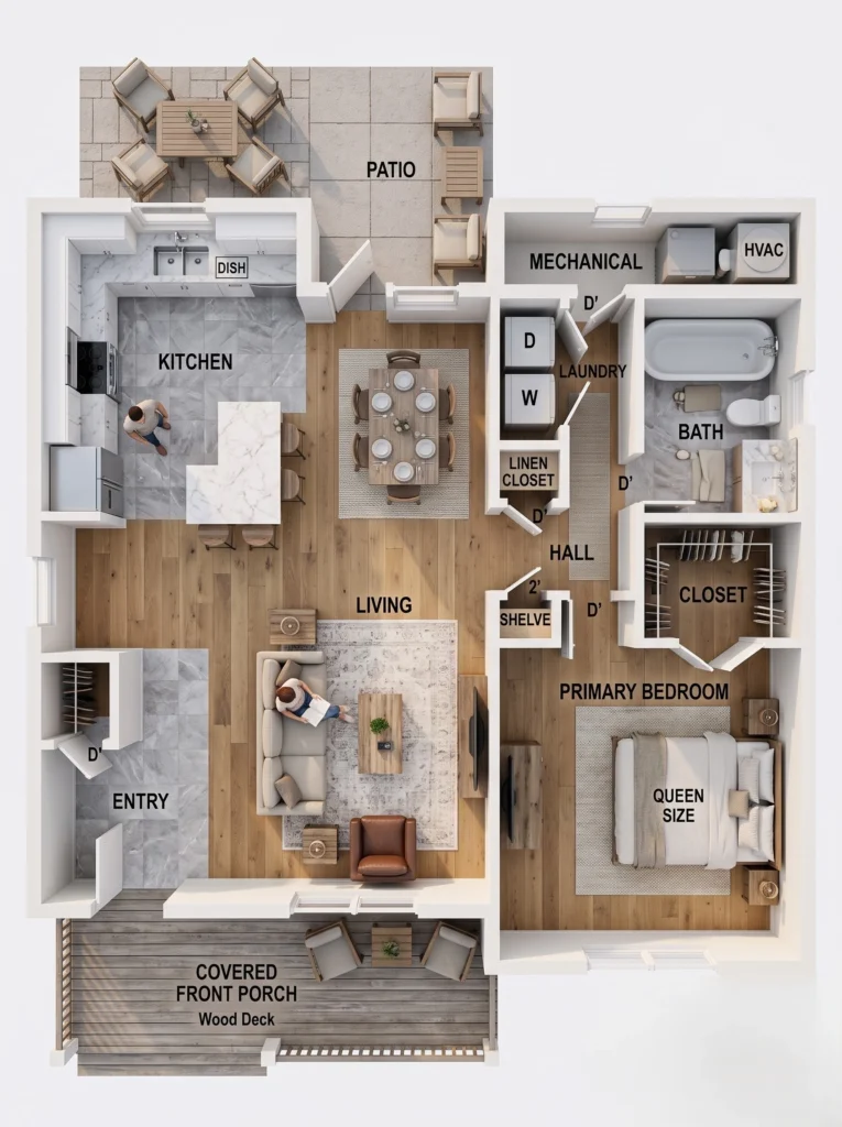 3D 1 bedroom house floor plan showing kitchen, dining, living room, bedroom, bath, laundry and patio