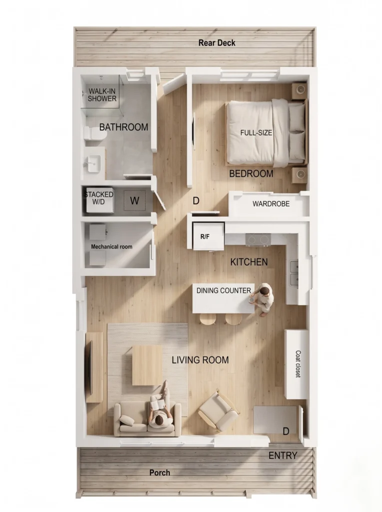 3D 25' x 40' one-bedroom house floor plan showing open living area, kitchen, bedroom, bathroom, and porches