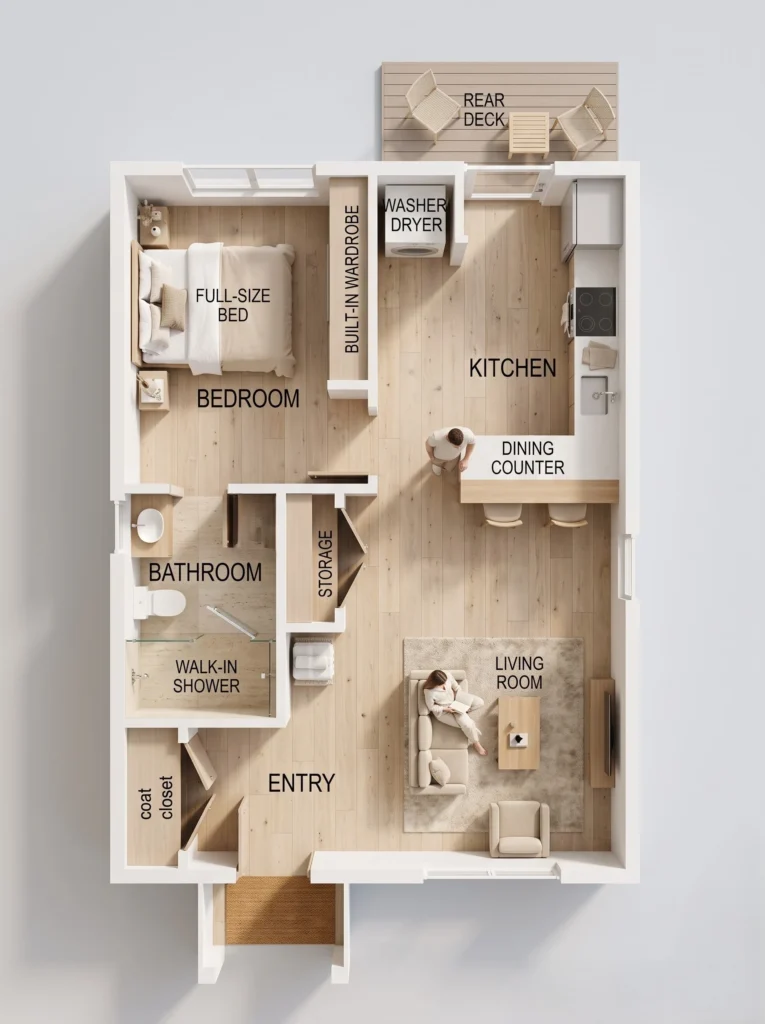 3D 600 sq. ft. 1-bedroom house floor plan showing bedroom, kitchen, living room, bathroom, laundry, and rear deck