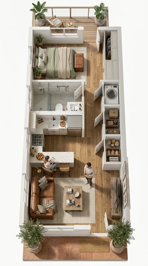 3D 648 sq. ft. 1 bedroom house plan showing open living room, kitchen, bathroom, laundry, pantry, storage, and outdoor deck