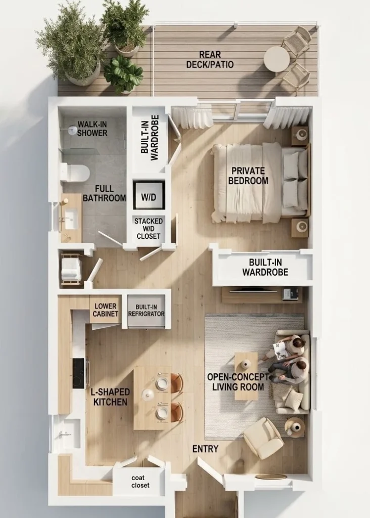 3D floor plan of a 620 sq. ft. 1-bedroom home showing open living room, L-shaped kitchen, bathroom, laundry, bedroom, and rear deck