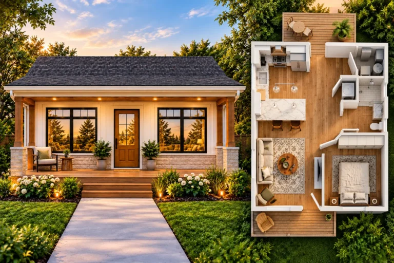 500-sq-ft-1-bedroom-house-plan-with-front-elevation-and-3D-floor-plan