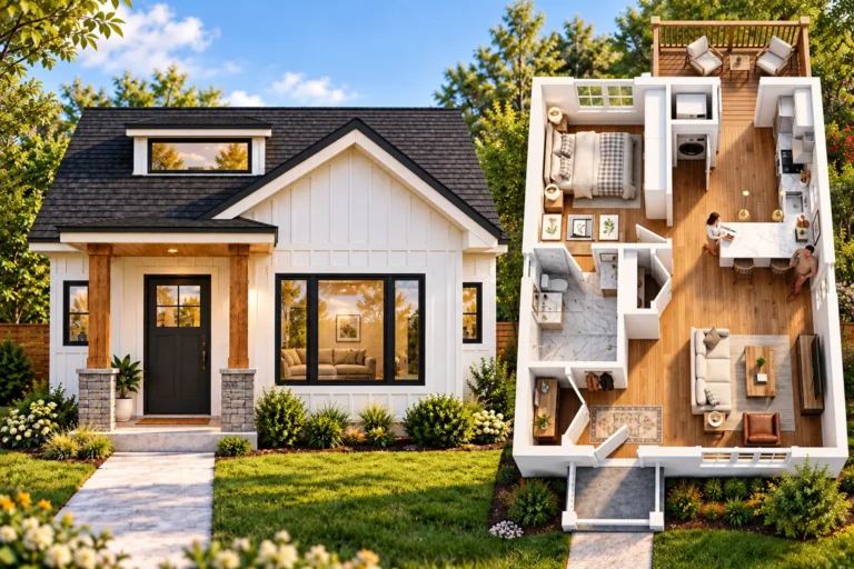 600 sq. ft. small house plan with modern farmhouse exterior and furnished 1-bedroom floor plan