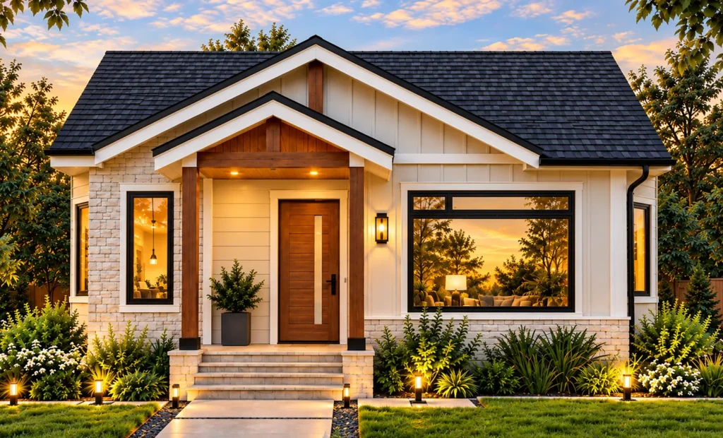 620 sq. ft. 1-bedroom house plan front elevation with gabled roof, stone accents, light siding, and covered entry