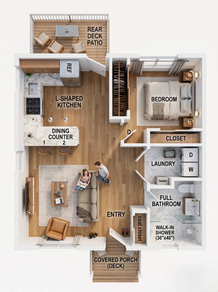 810 sq. ft. 1-bedroom house floor plan in 3D showing open living room, L-shaped kitchen, bedroom, laundry, full bathroom, porch, and rear deck