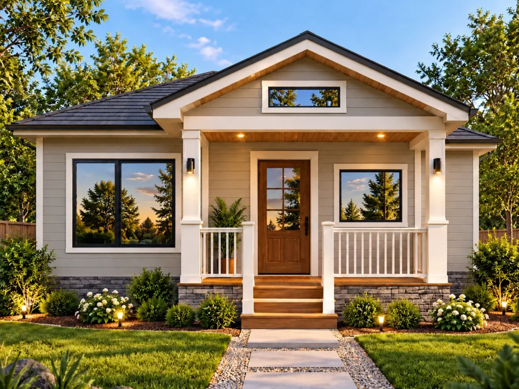 810 sq. ft. 1-bedroom house plan front elevation with covered porch, gable roof, light siding, stone accents, and landscaped yard