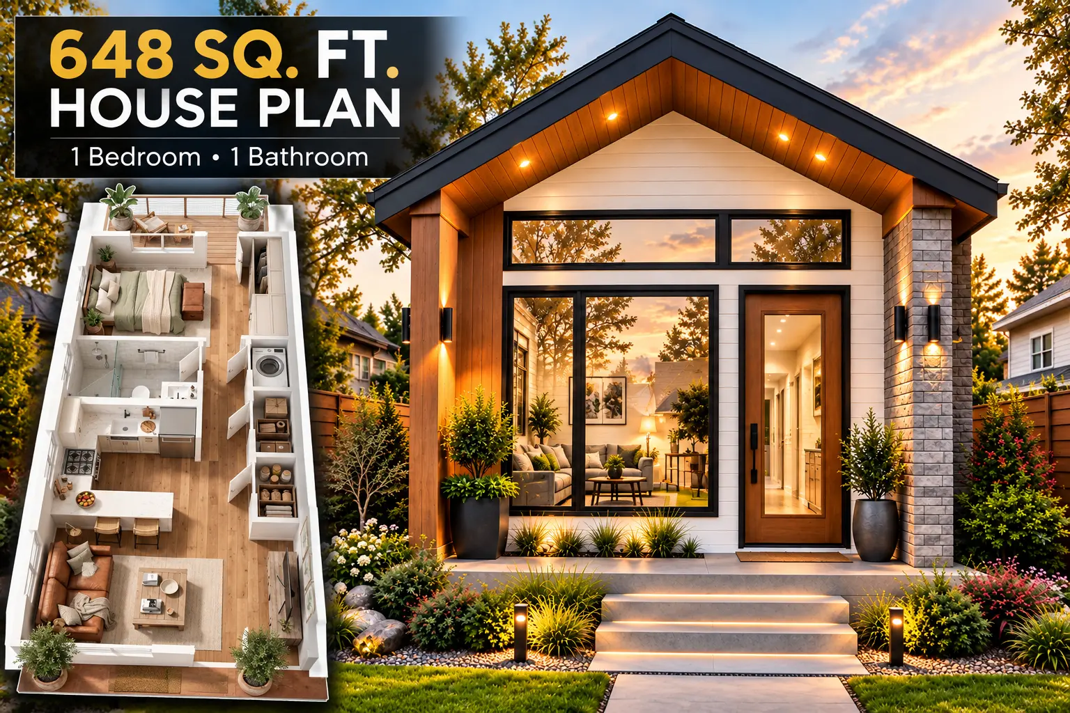 Compact modern 648 sq. ft. house with 1 bedroom, large reflective windows, gable roof, landscaped front entry, and contemporary exterior design