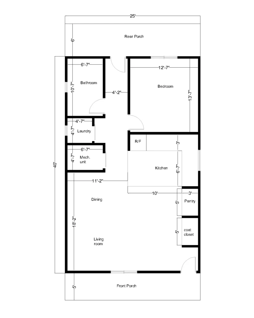 Dimensioned 25' x 40' 1-bedroom house floor plan with room measurements and front and rear porches