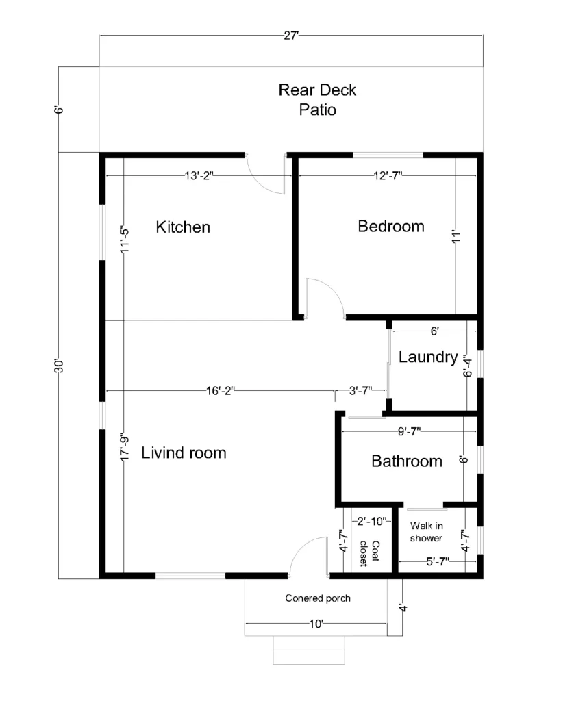 Dimensioned 27x30 1-bedroom house plan showing living room, kitchen, bedroom, bathroom, laundry room, coat closet, front porch, and rear deck