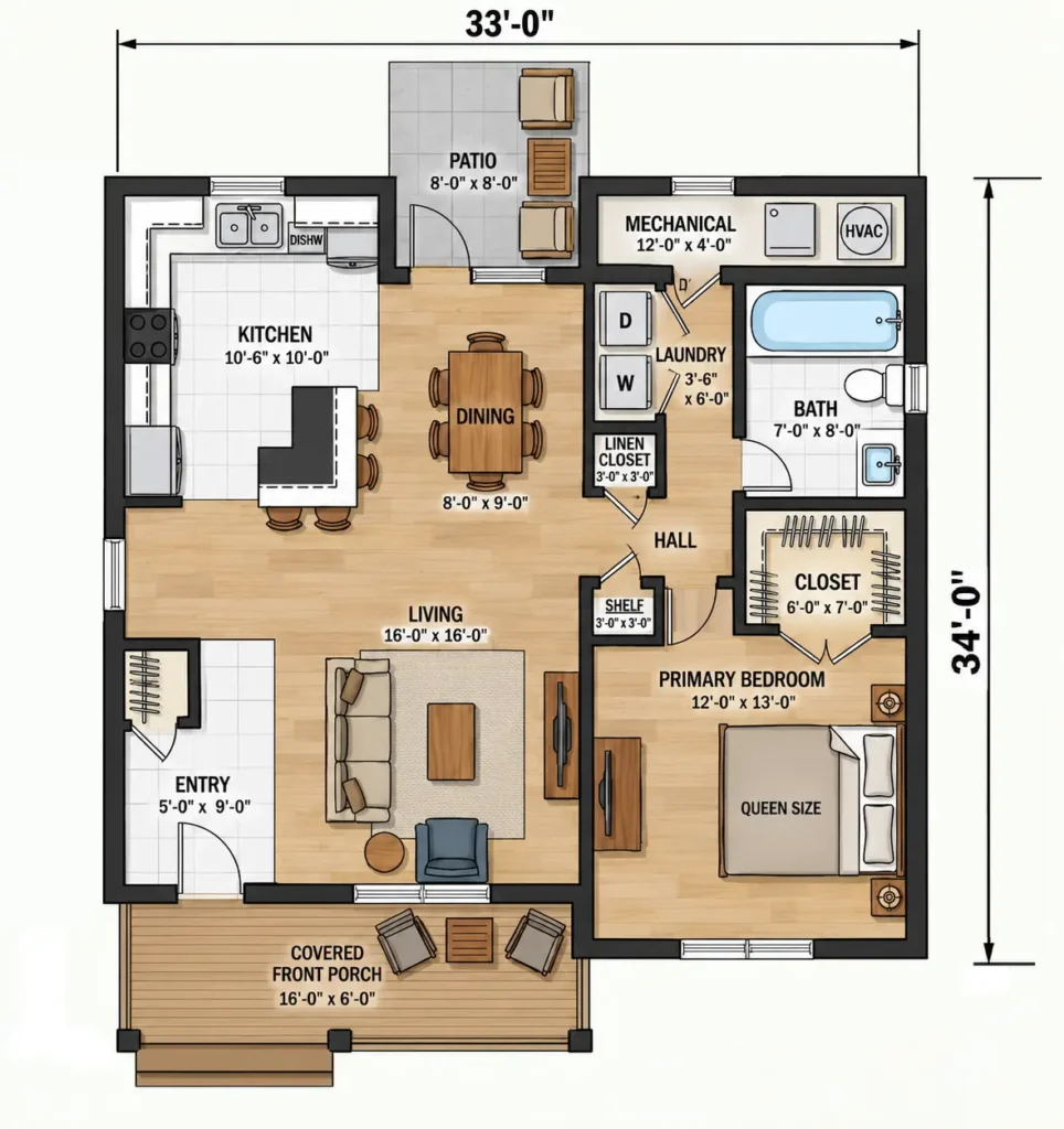 Dimensioned 33x34 1 bedroom house floor plan with living room, kitchen, bedroom, porch and patio