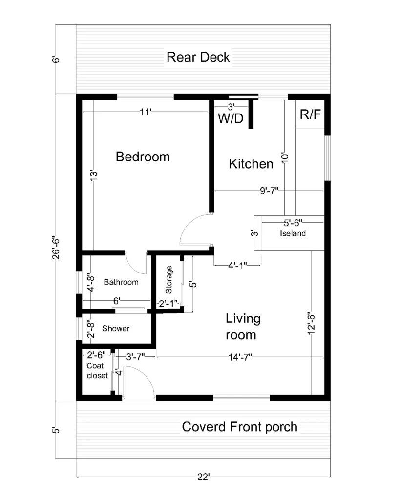 Dimensioned 600 sq. ft. 1-bedroom house floor plan with 22-foot-wide footprint, porch, rear deck, and room measurements