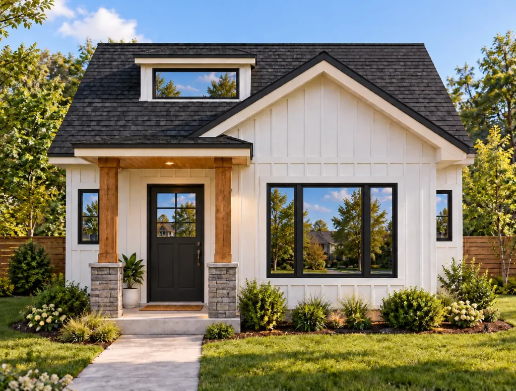 Modern 600 sq. ft. 1-bedroom house plan front elevation with covered porch and dark gable roof