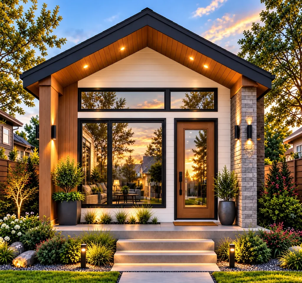 Modern 648 sq. ft. house plan front elevation with gable roof, large reflective windows, wood siding, stone accent, and landscaped entry