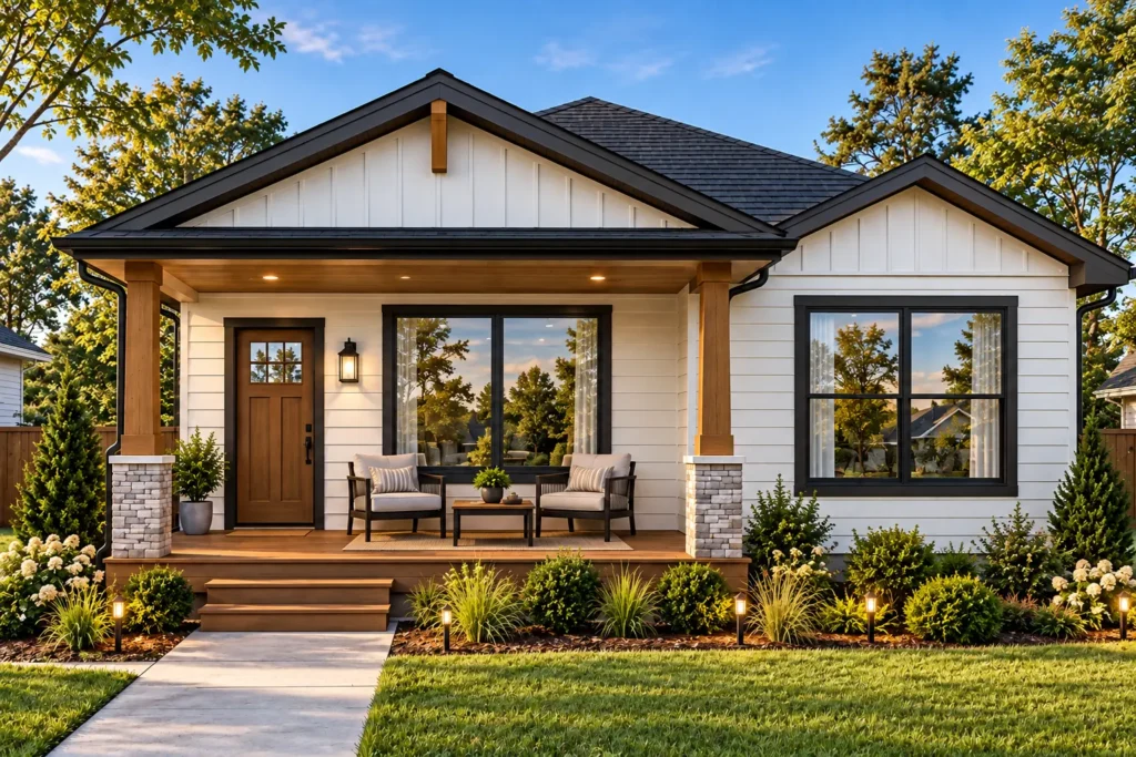 Modern farmhouse 1 bedroom house plan front elevation with covered porch and landscaped yard