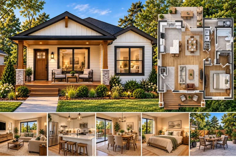 Small 1 bedroom house plan with modern farmhouse exterior, covered porch and detailed floor plan