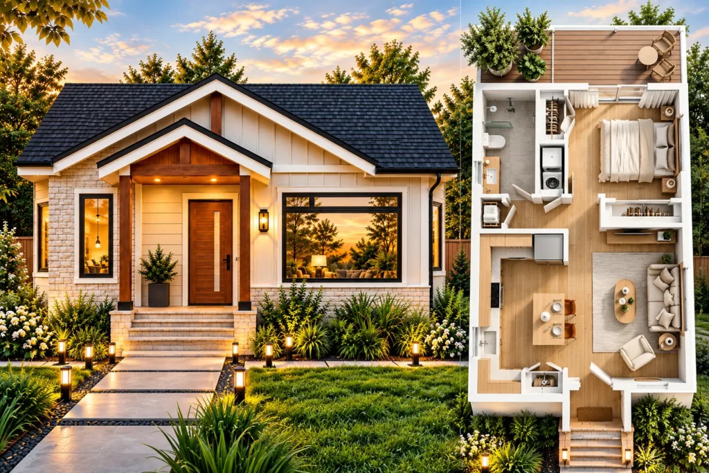 Small 620 sq. ft. 1-bedroom house exterior with gabled roof, stone-and-siding facade, wood entry, and landscaped front yard