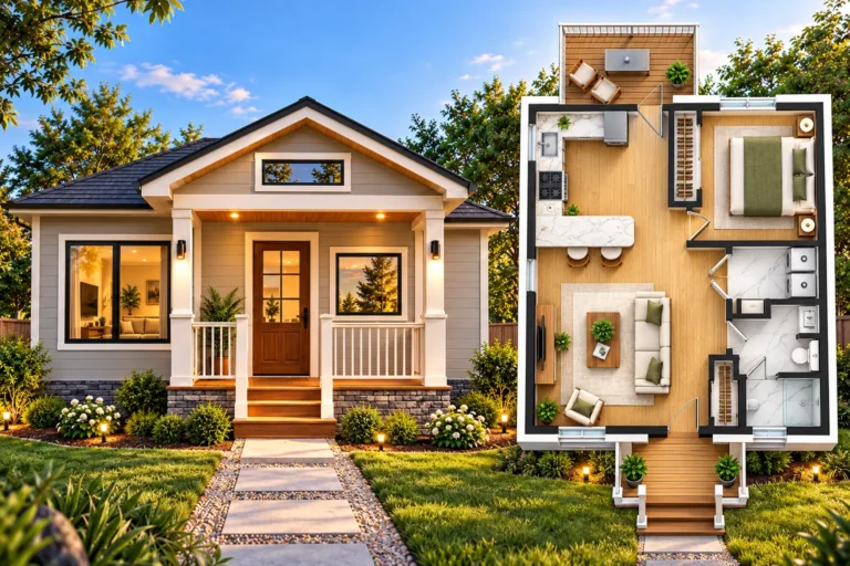 Small single-story 810 sq. ft. 1-bedroom home with covered front porch, dark gable roof, wood entry door, landscaped yard, and large windows
