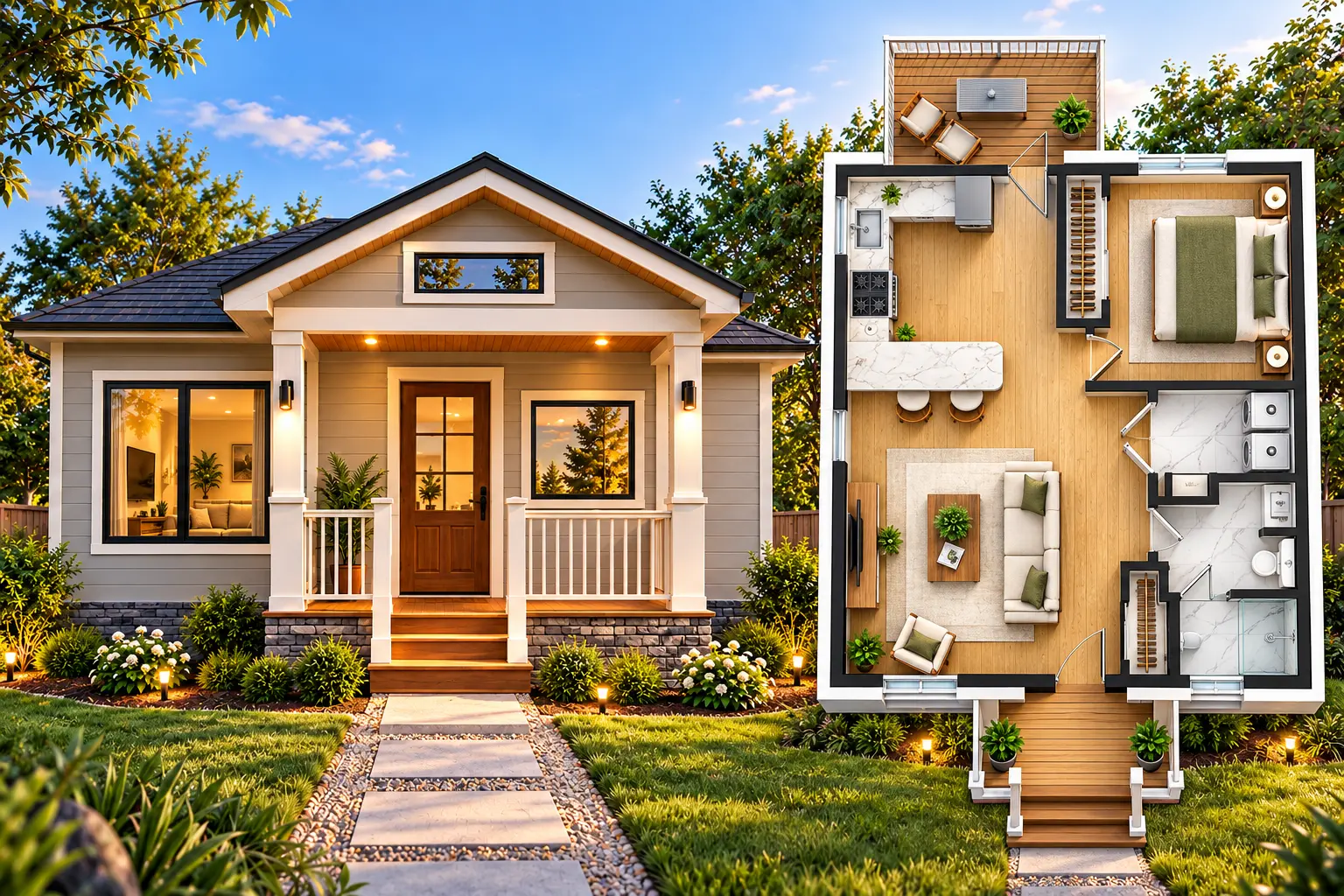 Small single-story 810 sq. ft. 1-bedroom home with covered front porch, dark gable roof, wood entry door, landscaped yard, and large windows