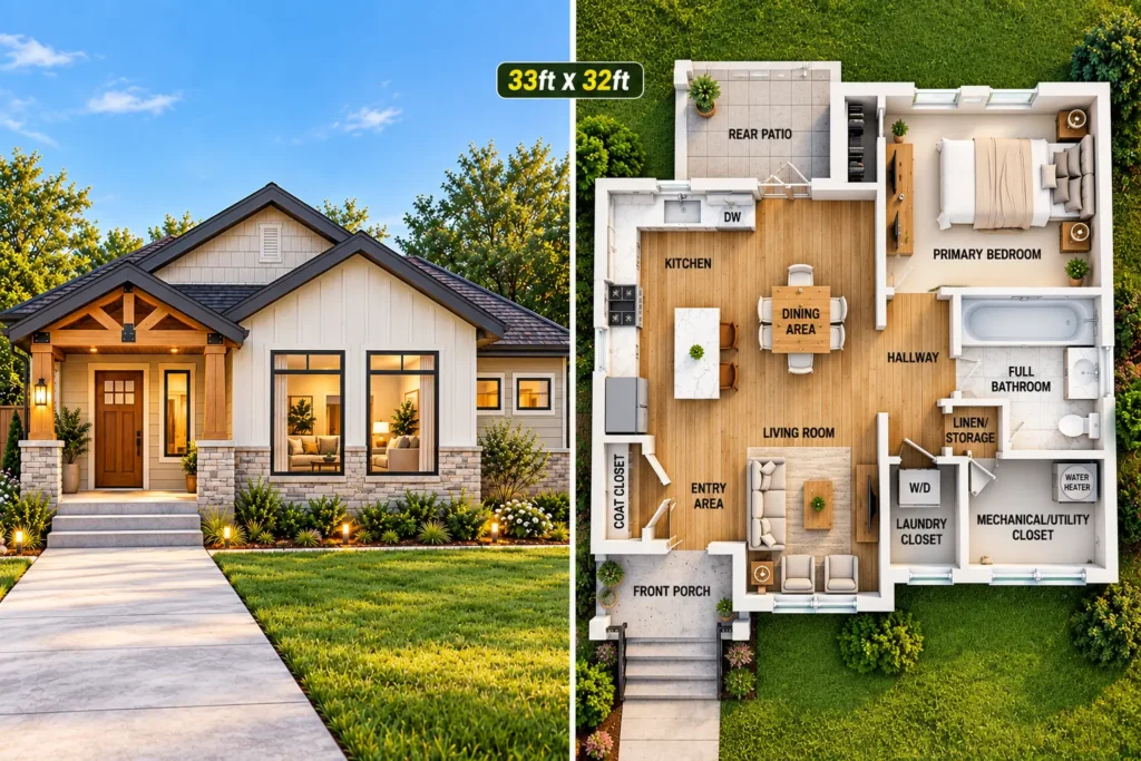33x32 1-bedroom house plan feature image showing the modern farmhouse exterior and detailed interior floor plan.