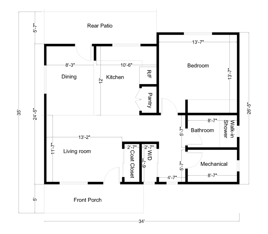 34-foot-wide 1-bedroom house floor plan with dimensions for living room kitchen bedroom bathroom and porch