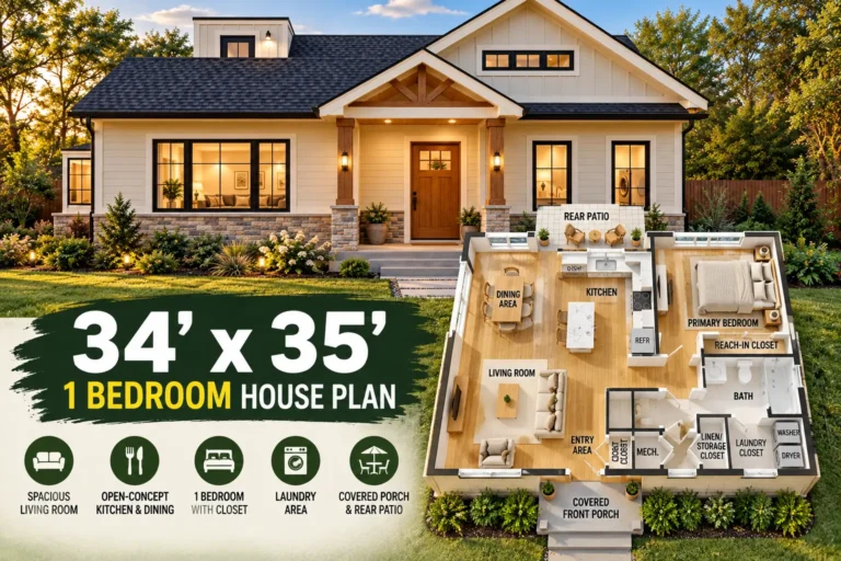 34 x 30 1-bedroom house plan feature image with front elevation and 3D floor plan