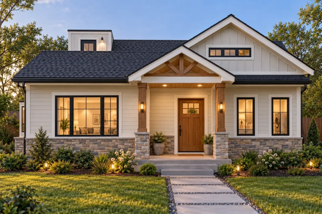 34 x 30 1-bedroom house plan front elevation with covered porch and modern farmhouse exterior