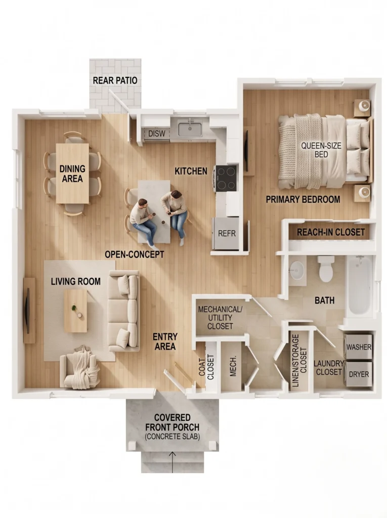 3D 1-bedroom house floor plan showing open-concept living room kitchen dining and primary bedroom