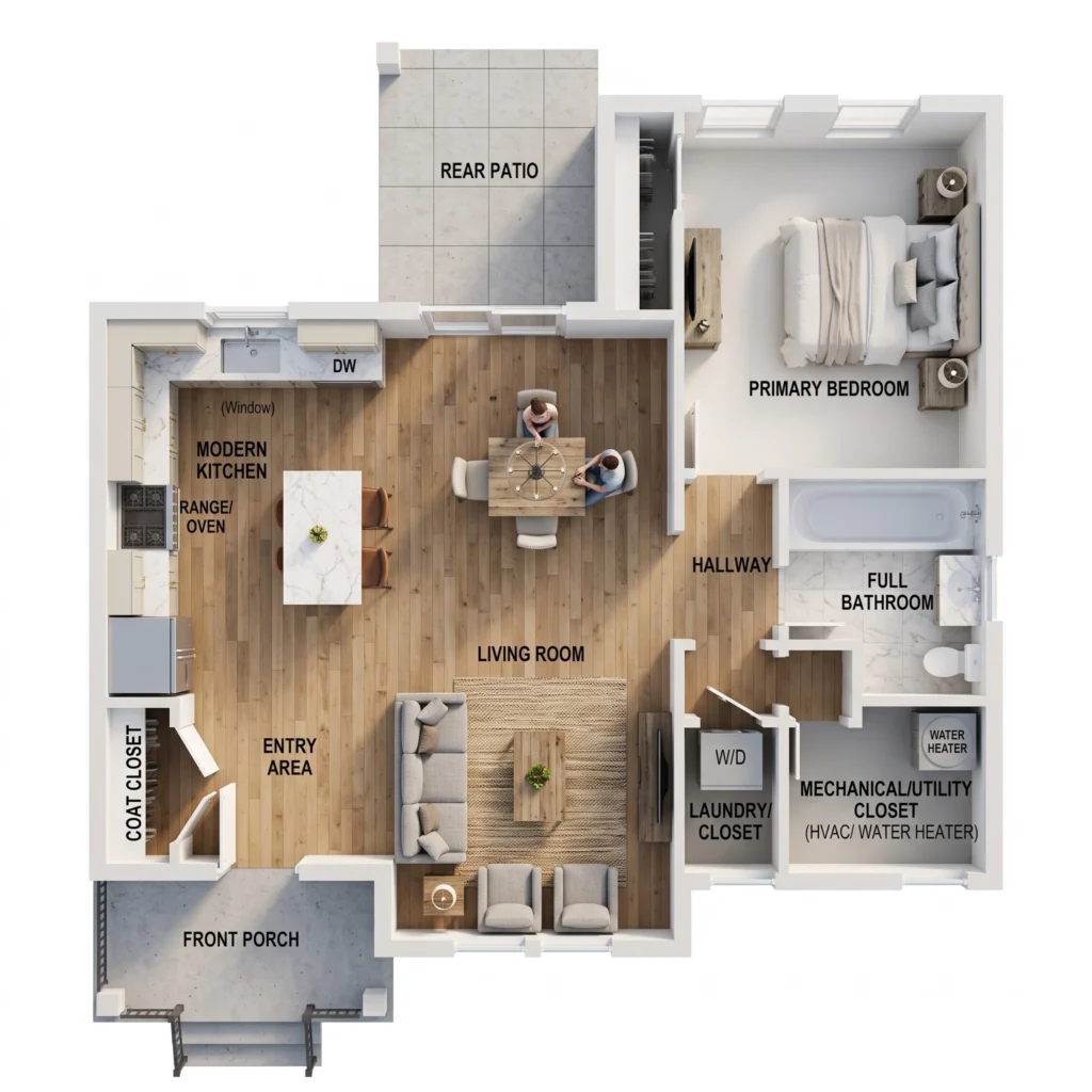 3D 1-bedroom house floor plan showing open kitchen, dining and living room, primary bedroom, bathroom, laundry and patio.