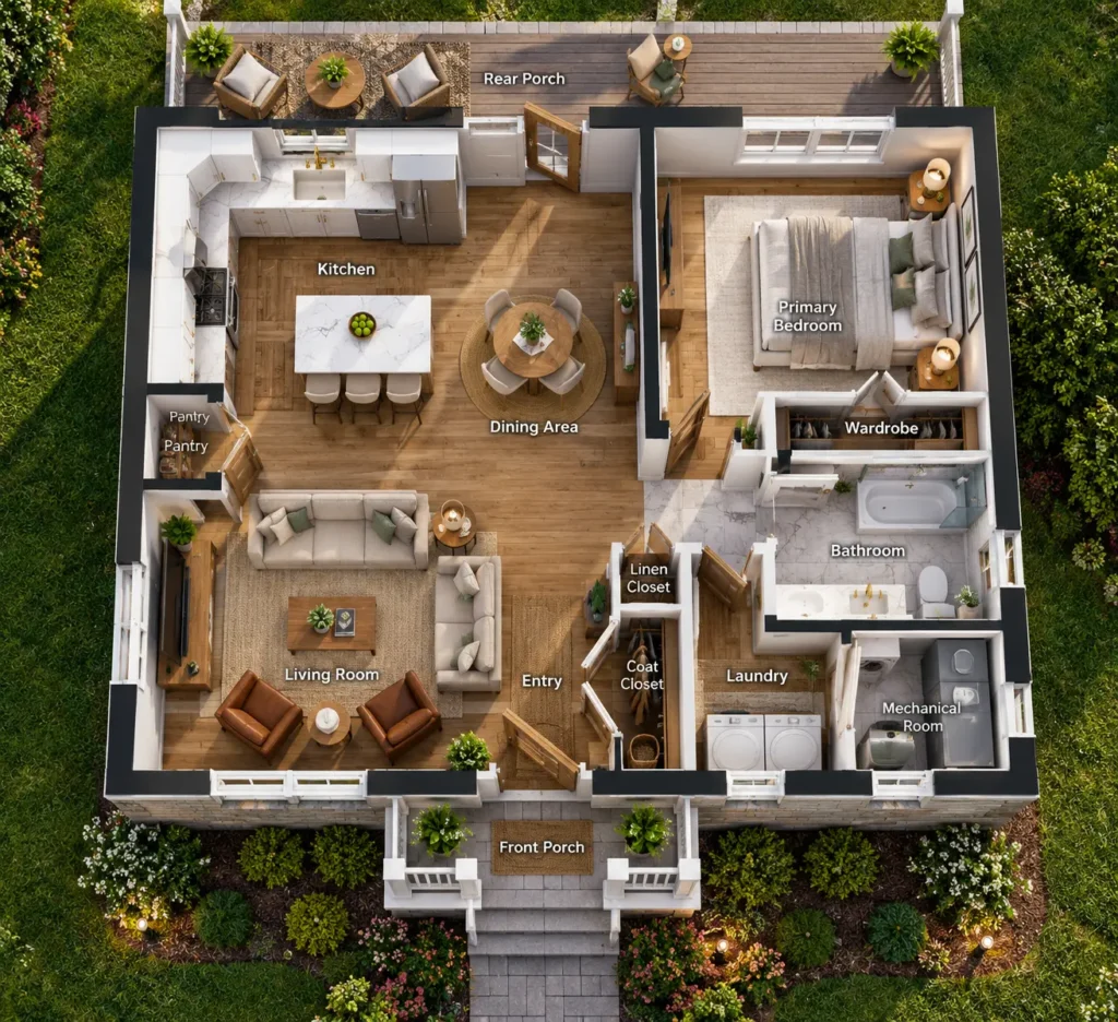 3D 700 sq. ft. 1-bedroom house floor plan showing kitchen, living room, dining area, bedroom, bathroom and laundry