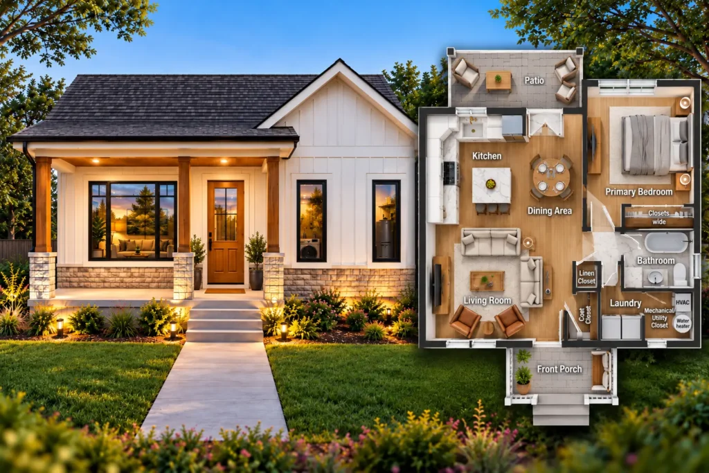 700 sq. ft. 1-bedroom house plan feature image showing front elevation and furnished floor plan