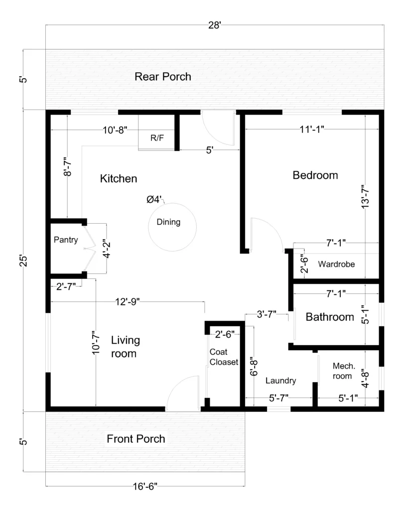 Dimensioned 28' × 25' 1-bedroom house floor plan with front porch, rear porch, kitchen, bedroom, bathroom and laundry