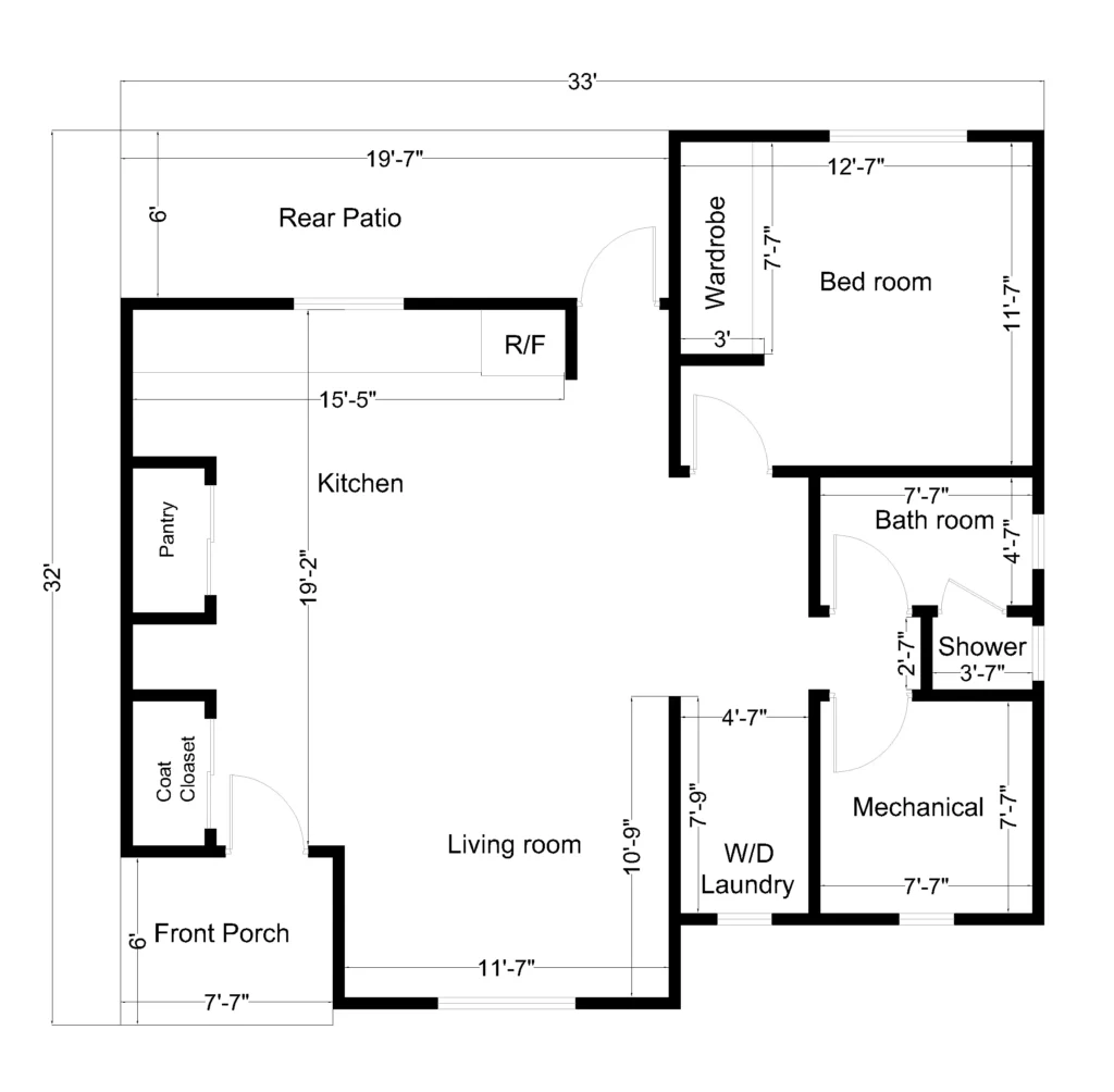 Dimensioned 33x32 house plan showing one bedroom, kitchen, living room, bathroom, laundry, mechanical area, porch and rear patio.