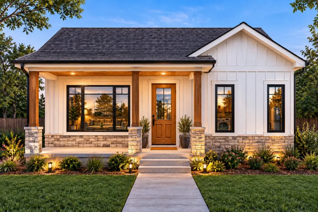 Modern 700 sq. ft. 1-bedroom house plan front elevation with covered porch, white siding, dark roof and stone accents