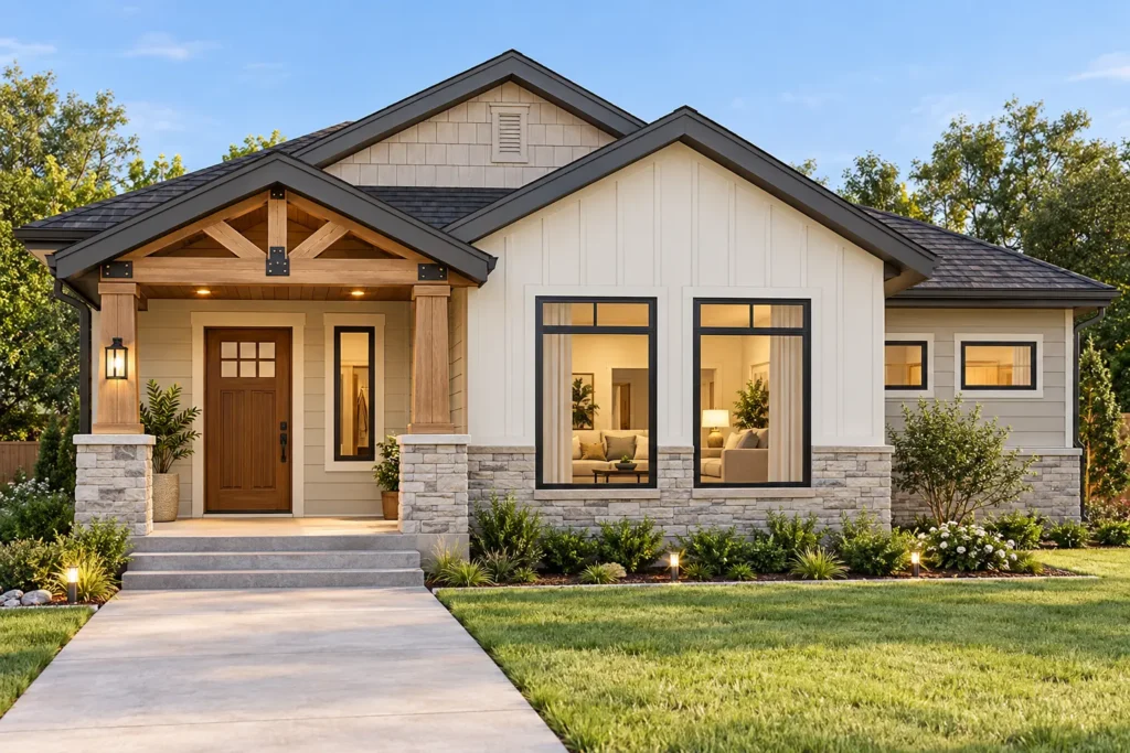 Modern single-story 1-bedroom house plan front elevation with covered porch, gable roof, stone accents and large windows.